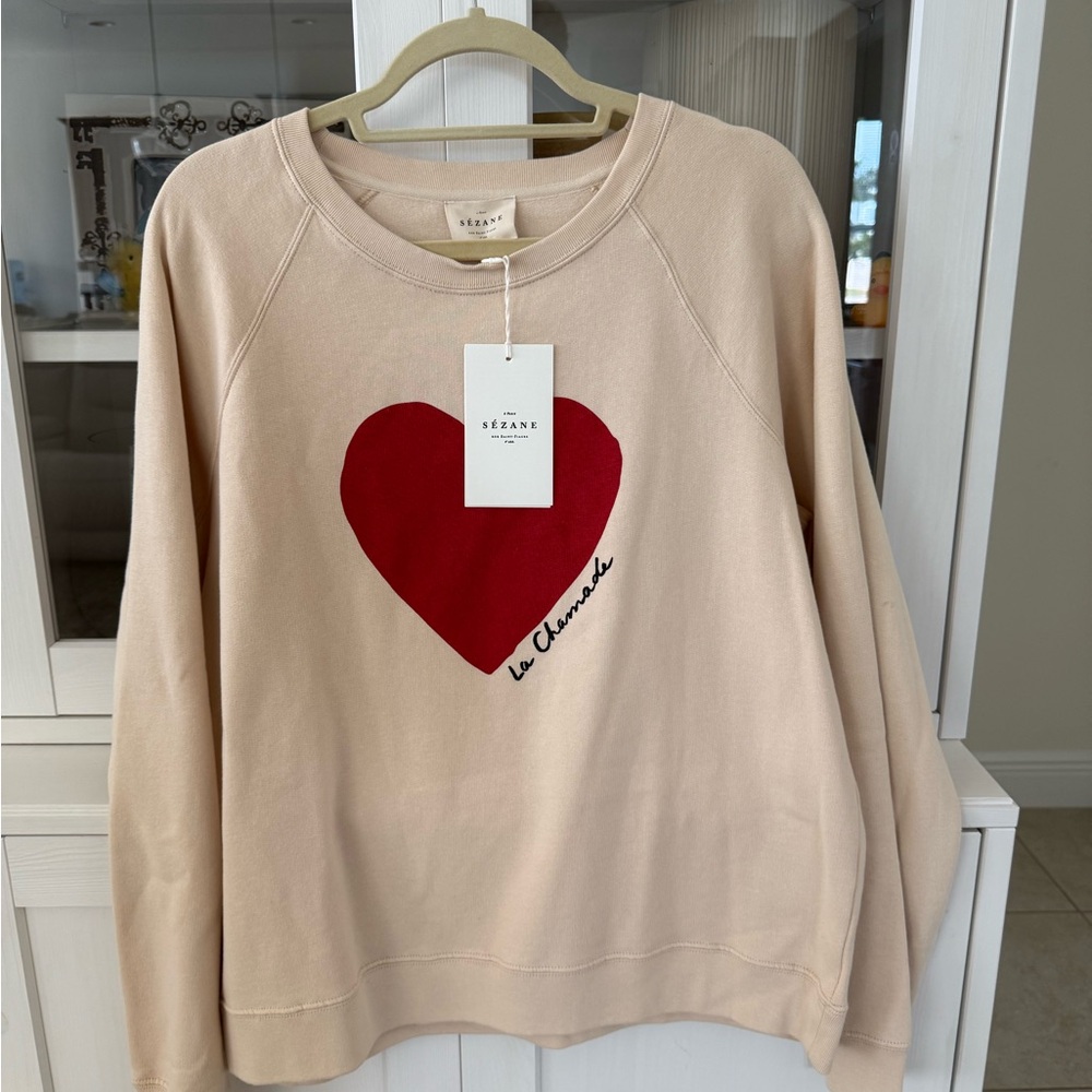 Sezane Cream Sweater with Red Heart